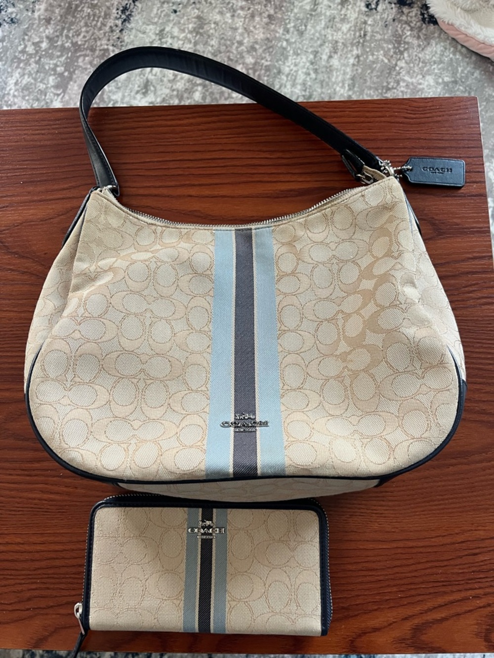 Coach Beige Signature Stripe Shoulder Bag with Matching Wallet